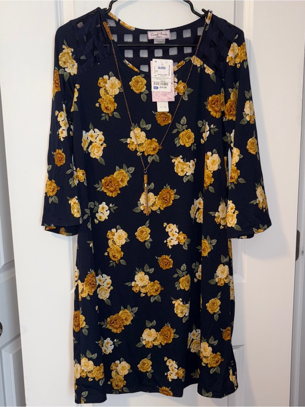 NWT Carol Rose Navy Long-Sleeve Floral Dress with Yellow Rose Print Size: M
